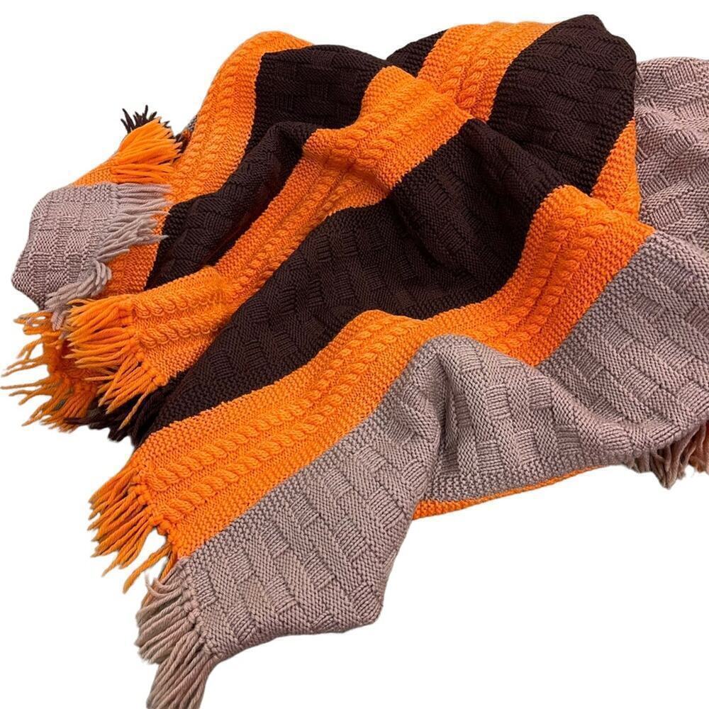 Decorative Warm Winter Fringe Edge Wool Textured Stripe Knit Throw Blanket